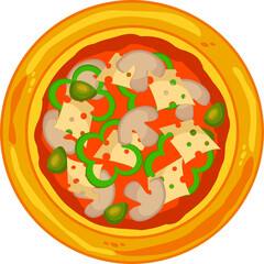 Pizza with mushrooms, cheese, olives and bell pepper. Top view, isolated on a white background, vector illustration. Delicious, juicy pizza.