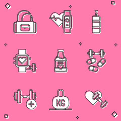Set Sport bag, Smart watch with heart, Punching, Vitamins, Sports doping dumbbell, Dumbbell and Weight icon. Vector
