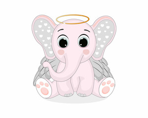 Cute angel elephant vector illustration. Perfect for greeting cards, party invitations, posters, stickers, pin, scrapbooking, icons.