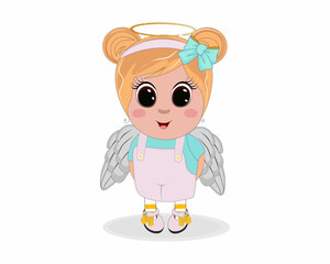 Obraz na płótnie Canvas Cute angel happy beautiful baby girl vector illustration. Perfect for greeting cards, party invitations, posters, stickers, pin, scrapbooking, icons.