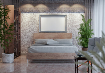 3D Modern interior of bedroom with mockup photo frame