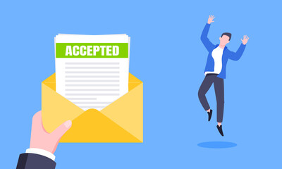 Fototapeta na wymiar Job or university acceptance letter with envelope and paper sheets document email. Employment offer, college acceptance success or business email form flat style design vector illustration.