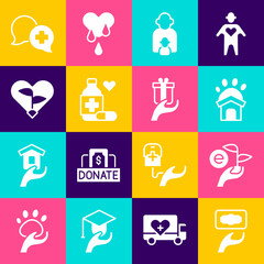 Set Donation and charity, Leaf in hand, Animal shelter house, Taking care of children, Medicine bottle pills, heart, Dialogue with doctor and Give gift icon. Vector