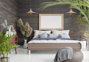 3D Modern interior of bedroom with mockup photo frame