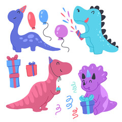Set of happy little dinosaurs with birthday celebrate birthday. Festive party. Vector child cartoon baby dino, balloons and gift boxes in bright color. Trendy nursery decor for card and sticker