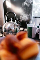Morning routine, teapot, tea, cups, breakfast