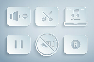Set Prohibition no video recording, Laptop with music, Pause button, Record, Music editing and Speaker mute icon. Vector