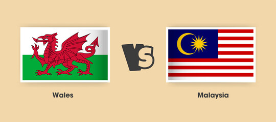 Wales vs Malaysia flags placed side by side. Creative stylish national flags of Wales and Malaysia with background