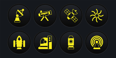 Set Rocket ship, Black hole, Astronaut helmet, Satellite, Telescope, Radar and dish icon. Vector