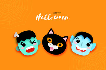 Happy Halloween. Monsters. Smile Dracula, Black cat, Frankenstein. Funny spooky vampire. Trick or treat. Space for text Orange