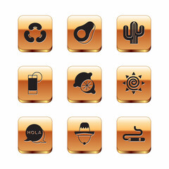 Set Beans, Hola, Mexican sombrero, Lime, Tequila glass with lemon, Cactus, Cigar and Avocado fruit icon. Vector © vector_v
