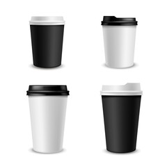Paper coffee cups realistic. White and black paper cup different size, blank container with plastic lid. 3d morning aroma latte and cappuccino hot drinks, package branding mockup vector isolated set