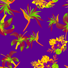 Fototapeta na wymiar Violet Pattern Painting. Plum Seamless Nature. Purple Tropical Foliage. Lavender Flower Leaf. Yellow Decoration Nature. Spring Design. Garden Hibiscus.