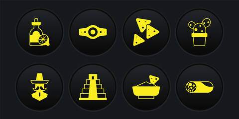 Set Mexican man sombrero, Cactus or succulent in pot, Chichen Itza Mayan, Nachos bowl, Wrestling championship belt, Burrito and Tequila bottle with lemon icon. Vector