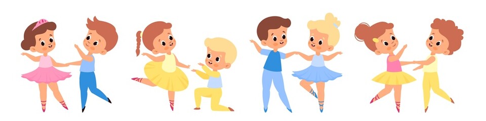 Dance kids couples. Young ballet dancers, boys and girls in tutus and pointe shoes, different poses, funny ballerinas partners. Art class collection. Vector cartoon flat isolated set © YummyBuum