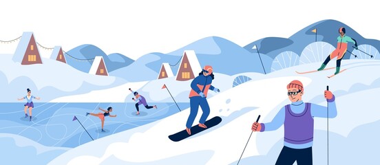 Winter sport. People ski and snowboard on snow slope, athletes in sportswear train at rink, people on ice active poses figure skating, village landscape. Vector concept - obrazy, fototapety, plakaty
