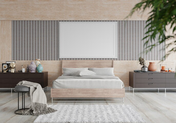 3D Modern interior of bedroom with mockup photo frame