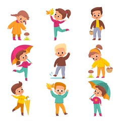 Autumn kids. Happy children in offseason clothing playing with fallen leaves, collect mushrooms, jumping puddles, boys and girls hold umbrellas. Vector cartoon flat isolated set