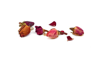 rose flower dry tea isolated on a white background. Rose bud tea isolated. Dried Rose Flower Herbal...