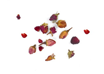 rose flower dry tea isolated on a white background. Rose bud tea isolated. Dried Rose Flower Herbal Tea.