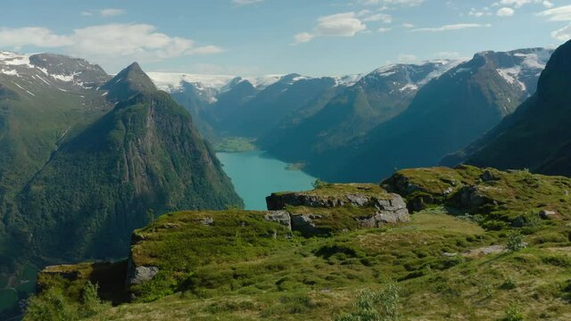 Magnificent Mountain Scenery In Klovane Overlooking Olden Lake - aerial shot