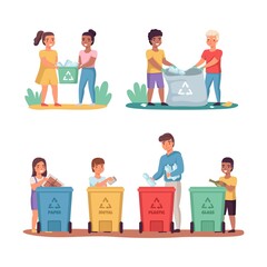 People sort garbage. Clean up trash outdoor, lay out color containers, responsible boys and girls nature caring, environmental pollution. Refuse reuse and recycle, vector cartoon set