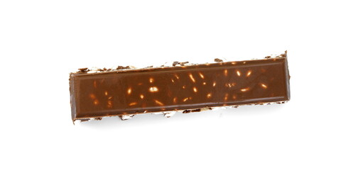 Chunks of milk chocolate with puffed rice isolated on white background. Rice chocolate studio isolated. 