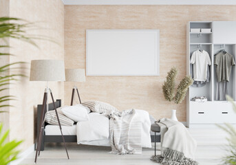 3D Modern interior of bedroom with mockup photo frame