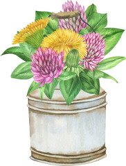 Watercolor wildflowers compositions. Watercolor summer bouquets in vintage vases. Watercolor daffodil, cornflowers and clover illustrations