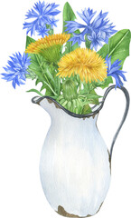 Watercolor wildflowers compositions. Watercolor summer bouquets in vintage vases. Watercolor daffodil, cornflowers and clover illustrations