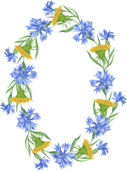 Obraz premium Watercolor wildflowers arrangements. Compositions with cornflowers and daffodils. Wildflowers frames 