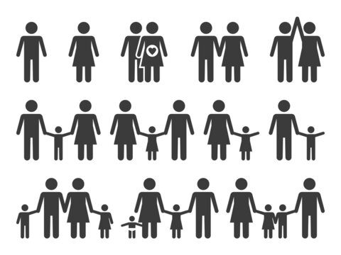 Family icons. Monochrome people group pictograms. Happy couples sign. Parents with children holding hands. Men and women simple silhouettes template. Vector relationship symbols set