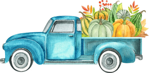 Watercolor retro truck with harvest - pumpkin vegetables. Hand painted vintage retro car illustration perfect for thanksgiving card making, wedding invitation and fall autumn postcards 