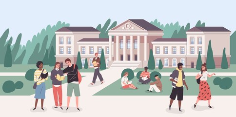 Obraz na płótnie Canvas University park. Young people groups walking with books in student campus. Cartoon cityscape with college building. Happy guys and girls study and communicate in yard. Vector concept