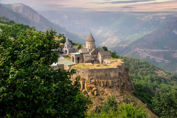 Tatev Monastery. 9th-century Armenian Apostolic monastery located on a large basalt plateau near the Tatev village in Syunik Province in southeastern Armenia.