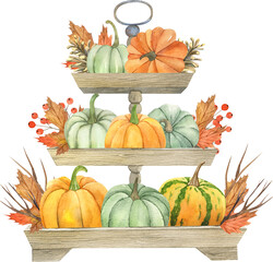 Watercolor vintage pumpkin arrangement. Autumn harvest composition isolated on white background.
