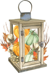 Watercolor vintage pumpkin arrangement. Autumn harvest composition isolated on white background.