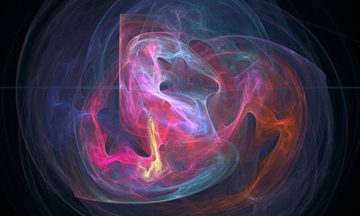 Abstract 3d cosmic vortex of nebula, blue violet cluster of substances or matters with red orange hues in deep dark distorted space. Fictional digital artistic fantasy. Great as backdrop or cover. 