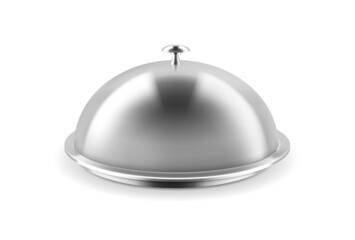 Silver cloche. Realistic metal dish with convex lid. Restaurant serving plate. Utensil template. Exquisite presentation of gourmet meal. Isolated metallic tray with dome. Vector concept
