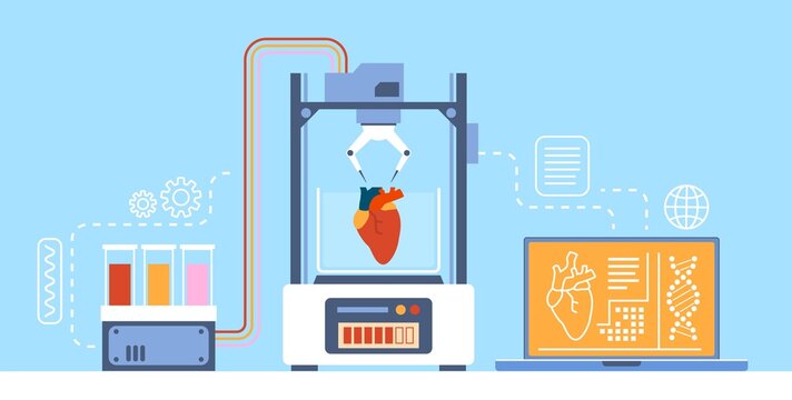 Medical 3D printing. Robotic machine prints heart. Creating internal organs for transplantation. Healthcare and medicine. Innovation implantation. Vector future technologies concept