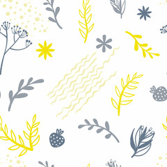 Fototapeta na wymiar Decorative doodle flower silhouette and modern abstract shape seamless pattern. Cute colorful repeated background with hand drawn botanical elements in Scandinavian style.