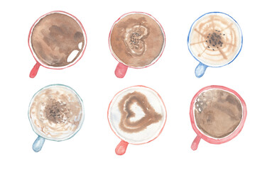 Collection of coffee cups top view on white background, watercolor hand drawn - 451555913