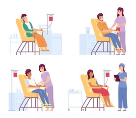 Donors donate blood. Doctors or nurses monitor blood collection from volunteers, people in medical center sit in specialized chairs, health care charity concept, vector isolated set