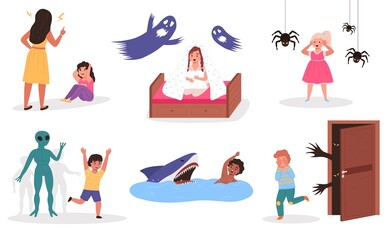 Kids fears. Different children phobias. Scared boys and girls. Babies afraid of terrible dreaming and stressful vivid imagination, ghosts or monsters. Vector i fearful little people set