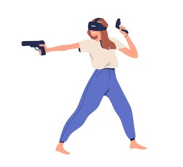 Happy person in VR glasses playing virtual game with augmented reality. Woman gamer in goggles shooting with gun in cyberspace with AR. Flat vector illustration isolated on white background