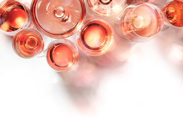 Rose wine of different shades in glasses on white background. Rosado, rosato or blush wines tasting