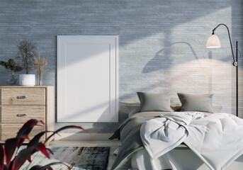 3D Modern interior of bedroom with mockup photo frame