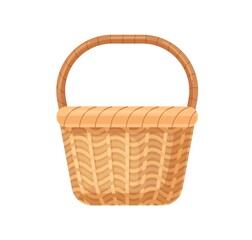 Straw basket with woven handle. Empty wicker without lid. Realistic basketwork for storage. Handmade natural wickerwork. Colored flat vector illustration of basketry isolated on white background