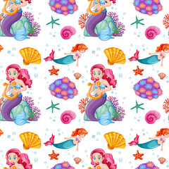 Fototapeta na wymiar Seamless pattern with mermaid and undersea elements