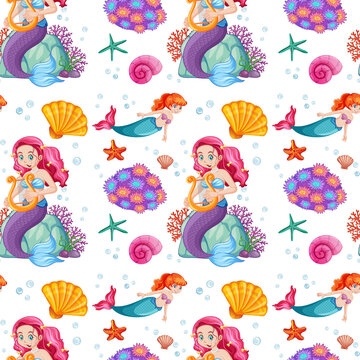 Seamless pattern with mermaid and undersea elements